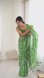 Green Floral Printed Satin Saree