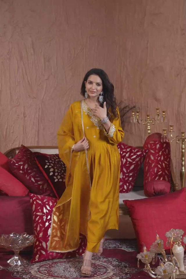 Yellow Embroidered Chanderi Anarkali Suit Set (ACZ6387)