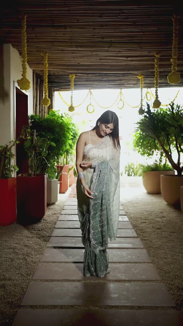 White Sequin Satin Saree