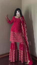 Red Sequin Georgette Sharara Suit Set