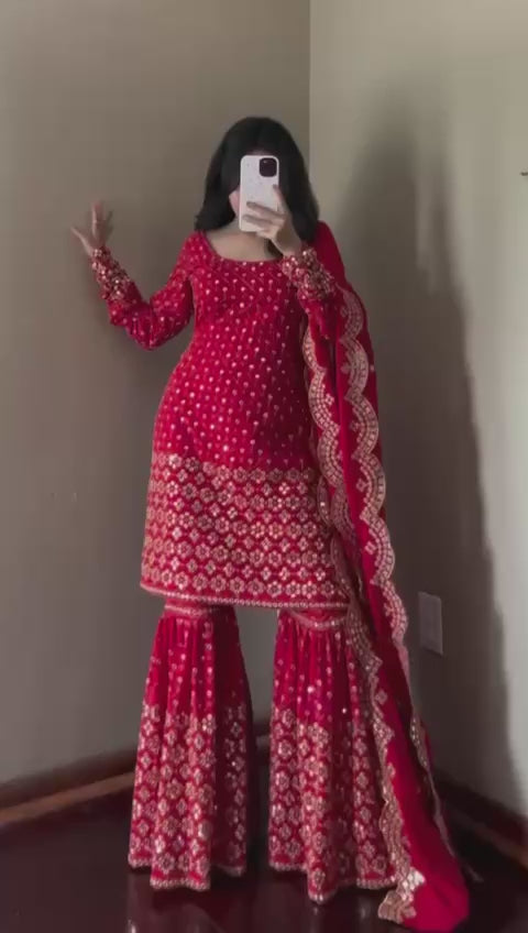 Red Sequin Georgette Sharara Suit Set