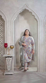 Grey Floral Printed Rayon Straight Cut Suit Set