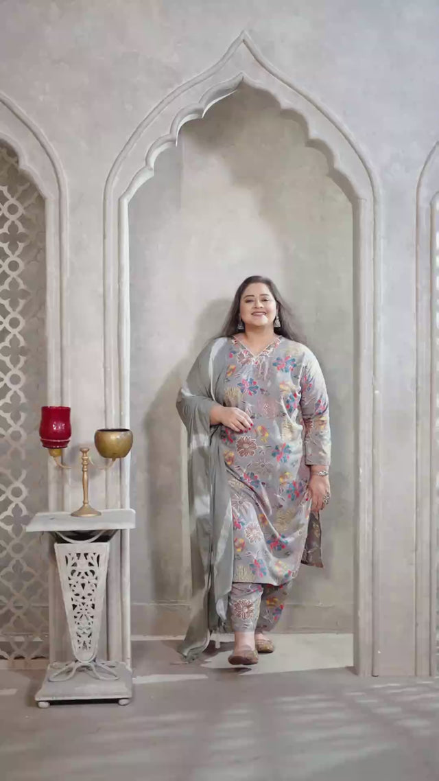 Grey Floral Printed Rayon Straight Cut Suit Set