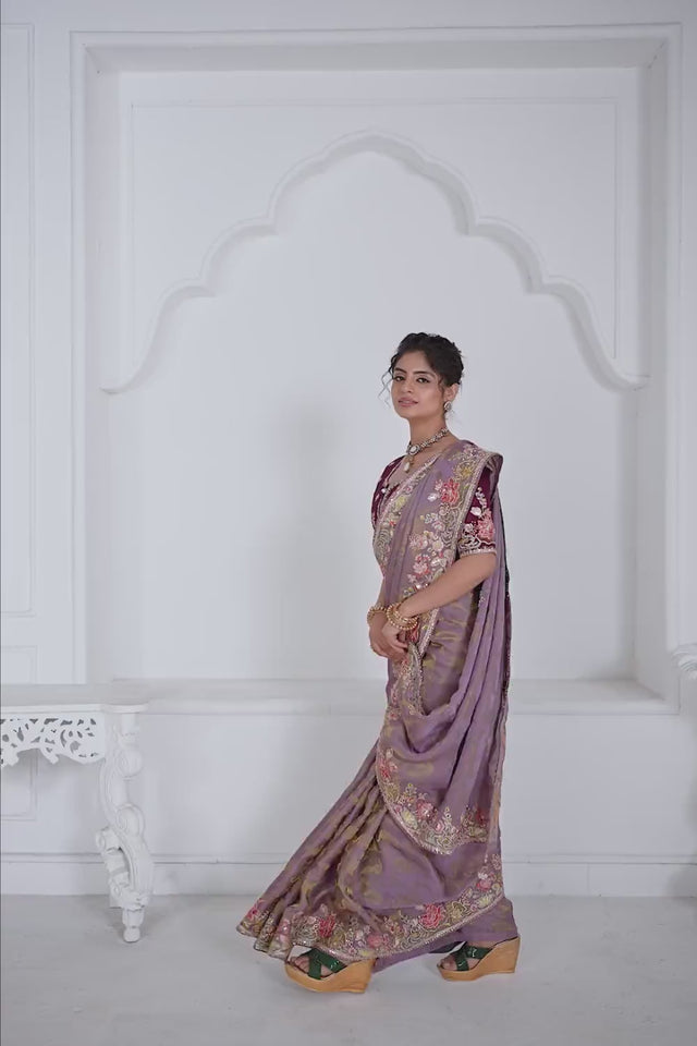 Mauve Embroidered Dola Viscose Silk Saree