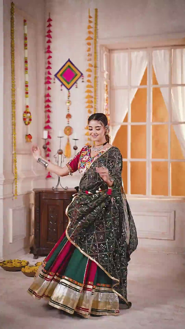 Multi Color Embroidered Cotton Lehenga (ACA1249)