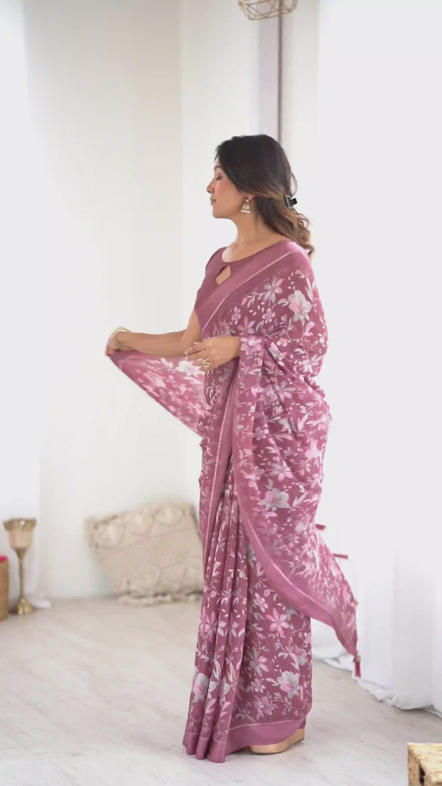 Pink Floral Printed Satin Saree