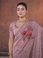 Brown Floral Printed Organza Saree