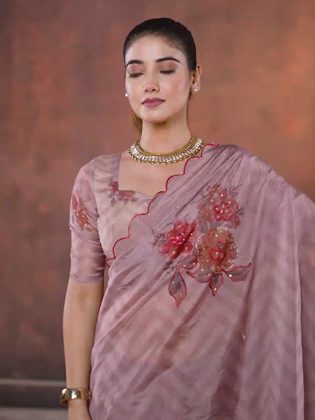 Brown Floral Printed Organza Saree