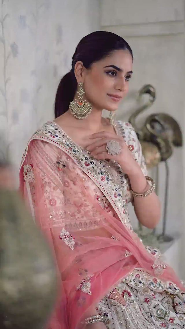 Cream Sequin with Embroidered Silk Lehenga