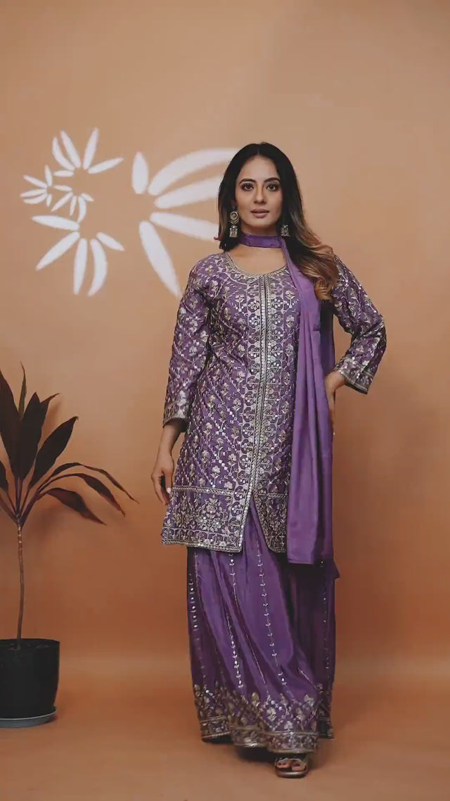Lavender Sequin with Embroidered Chinon Sharara Suit Set