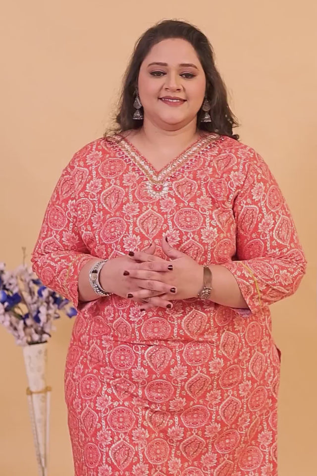 Orange Printed Viscose Kurti Pant Set