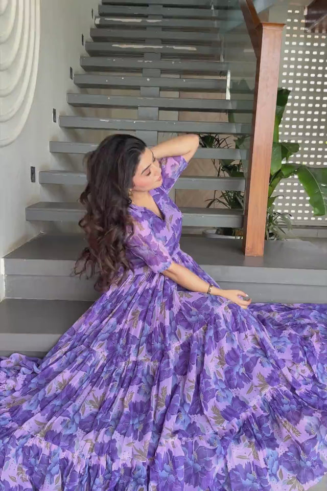 Purple Floral Printed Georgette Gown