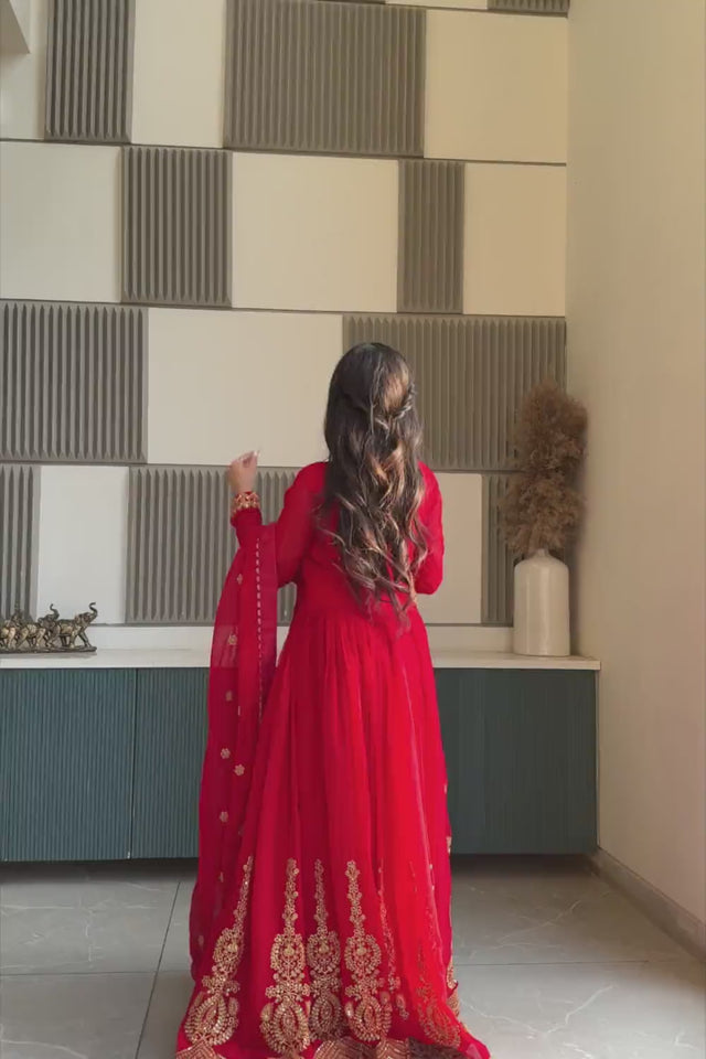 Red Sequin with Embroidered Georgette Gown