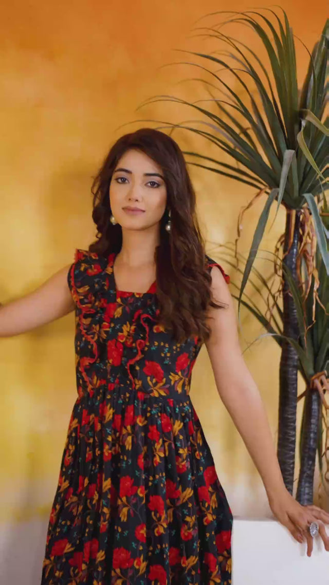 Black Floral Printed  Dresses