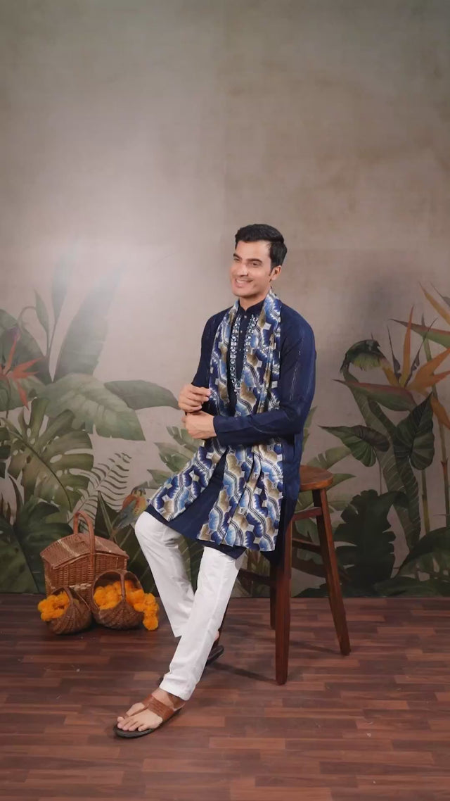 Men's Blue Striped Viscose Kurta with Dupatta (ACA1258)