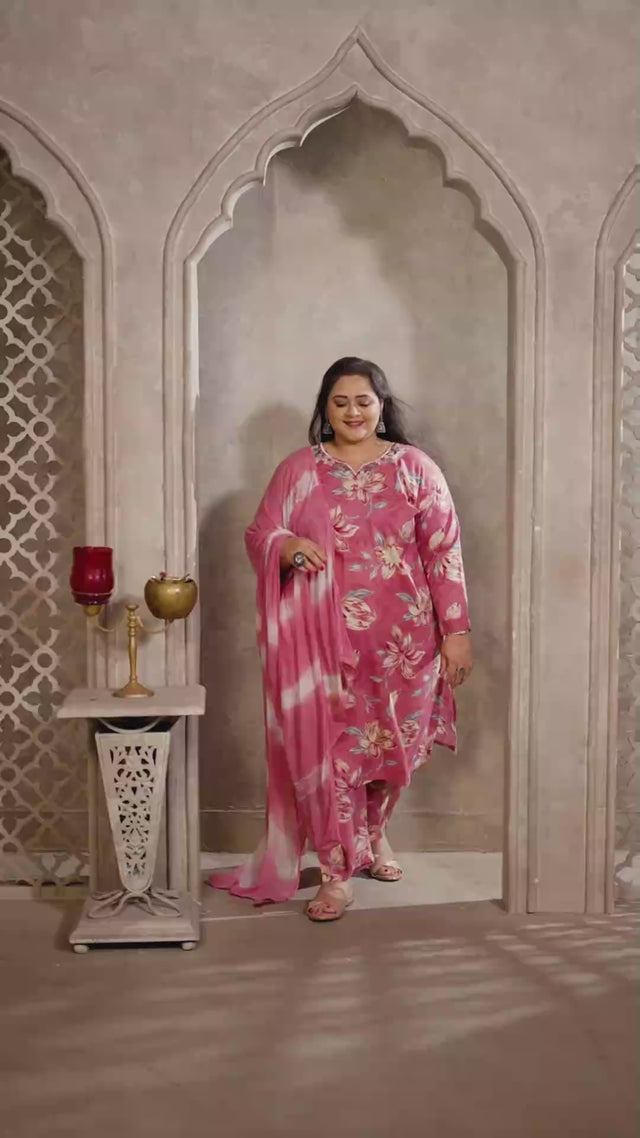 Pink Floral Printed Rayon Straight Cut Suit Set