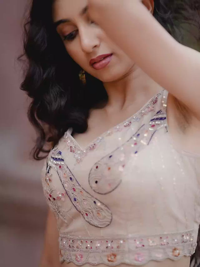 Beige Sequin with Embroidered Net Lehenga (ACA2663)