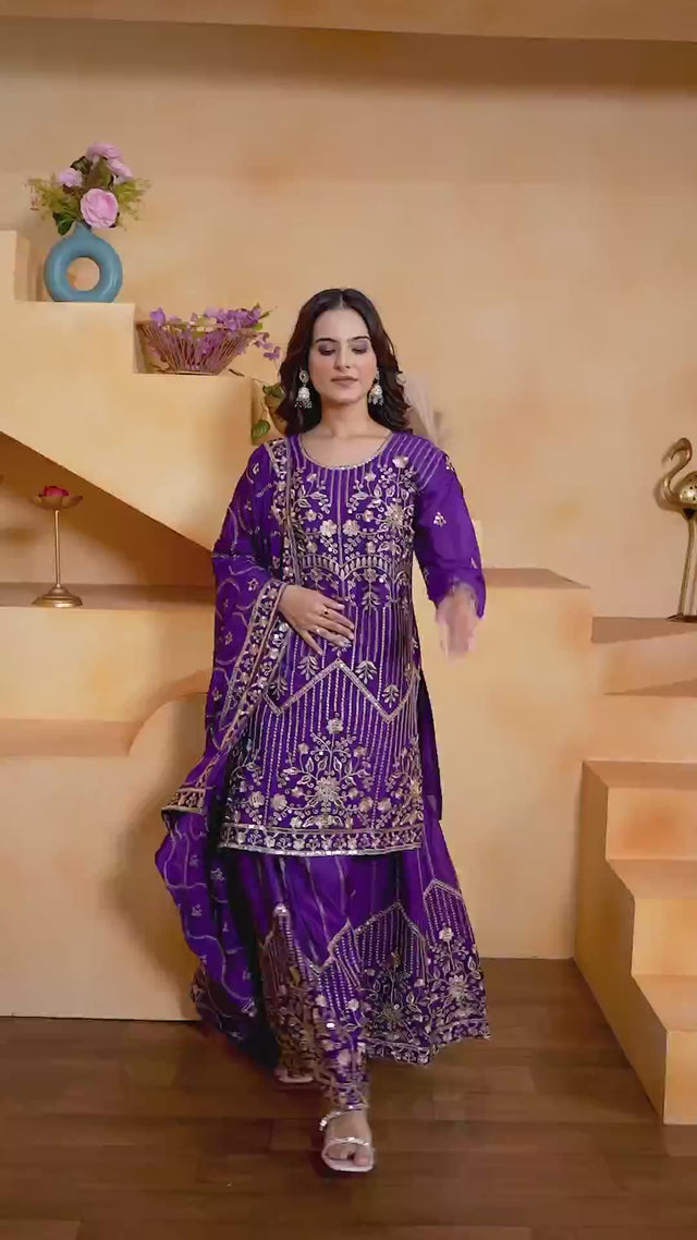 Violet Sequin with Embroidered Chinon Sharara Suit Set