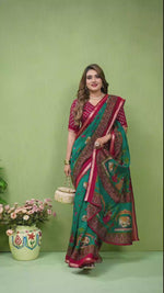 Turquoise Kalamkari Printed Cotton Saree