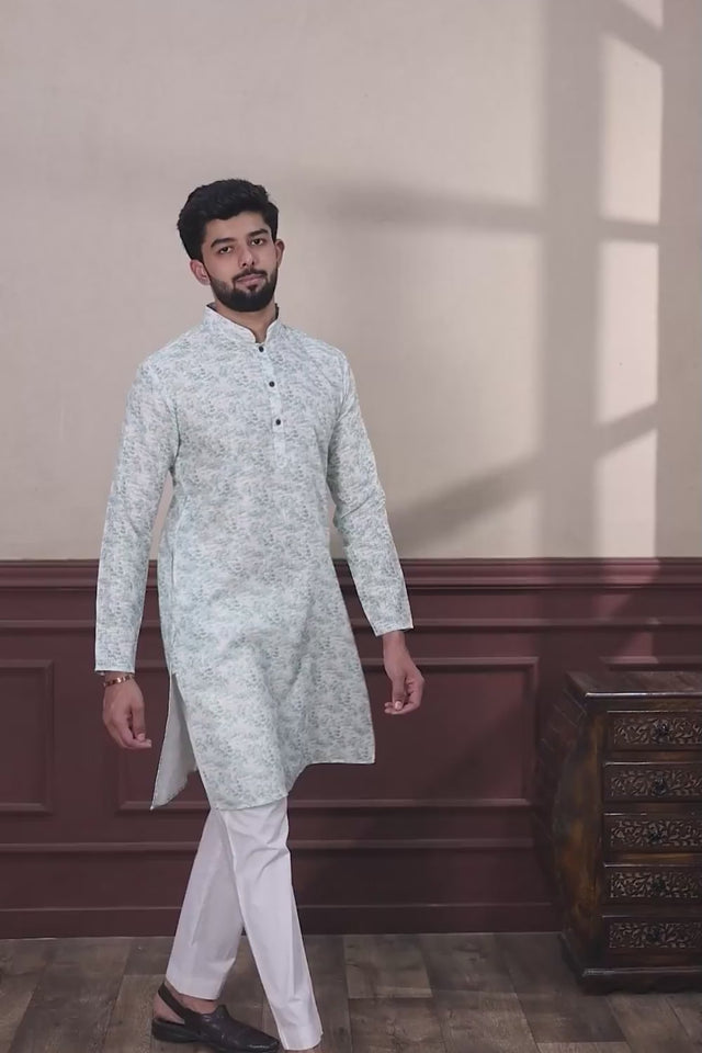 Green Printed Linen Men's Kurta Set