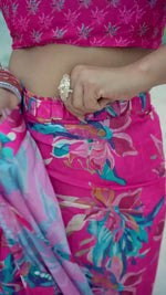 Pink Floral Printed Chinon Ready to Wear Saree