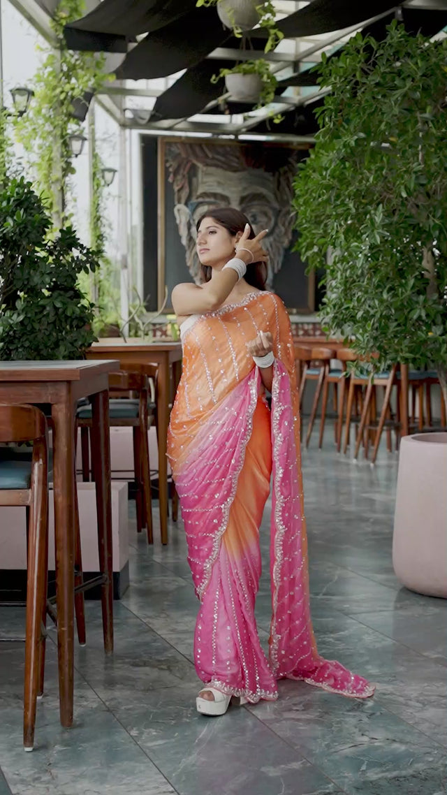 Orange Sequin Satin Saree