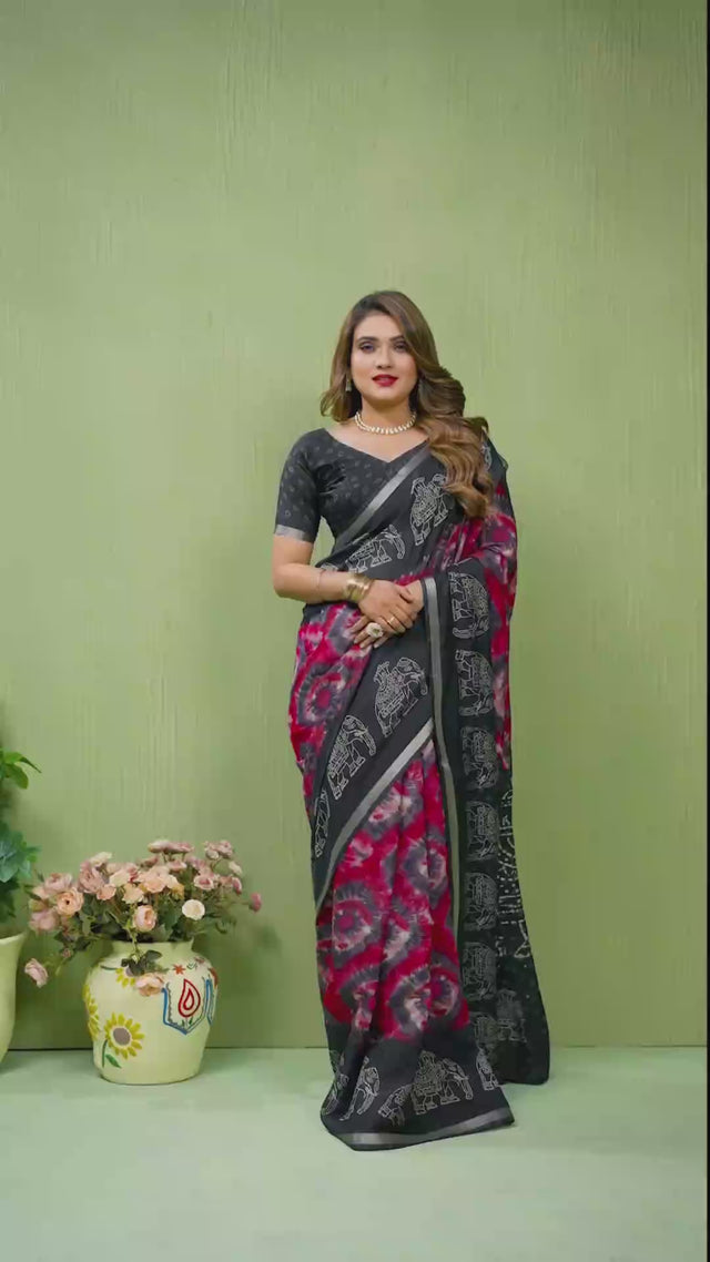 Black Printed Cotton Saree