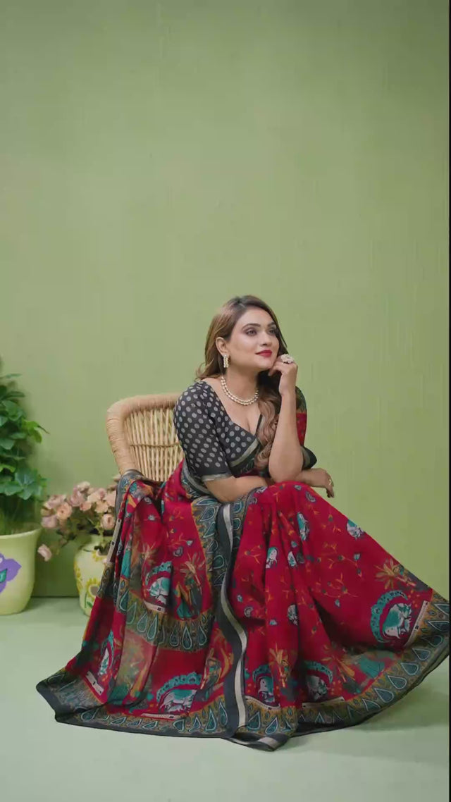 Maroon Kalamkari Printed Cotton Saree