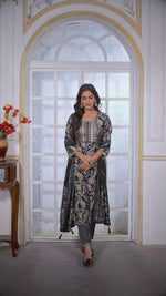 Black Floral Printed Chanderi Straight Cut Suit Set
