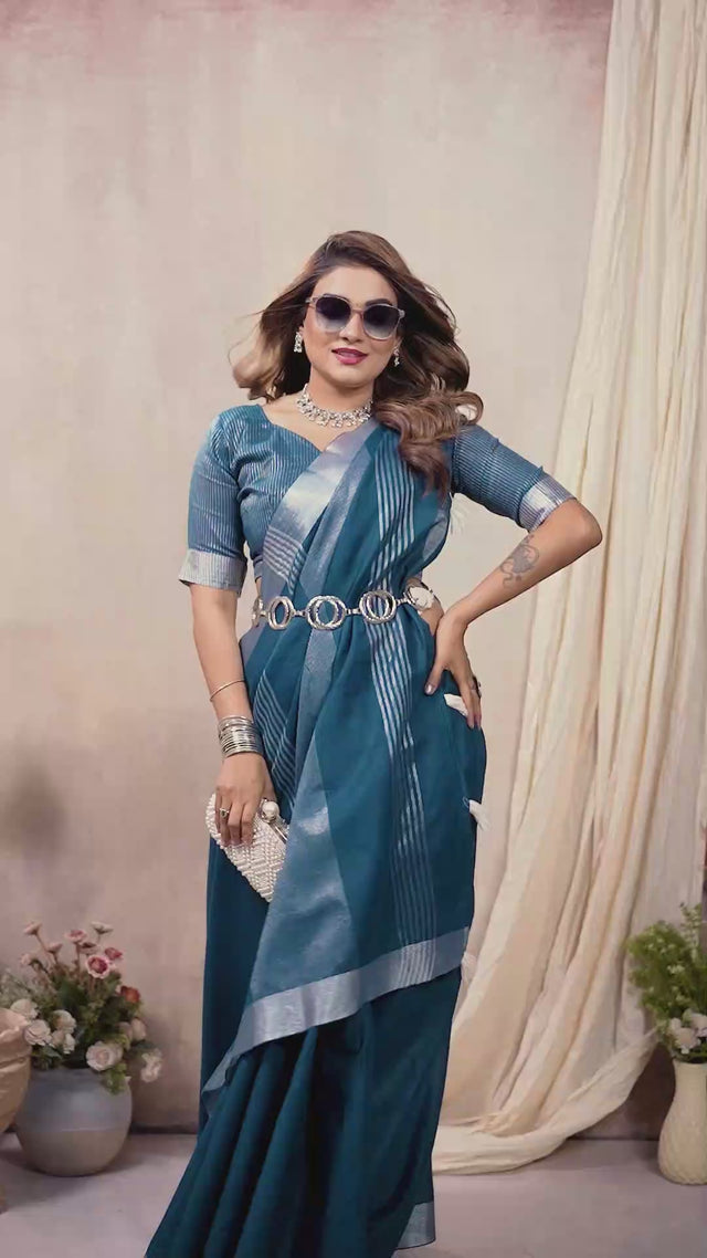 Turquoise Woven Linen Saree