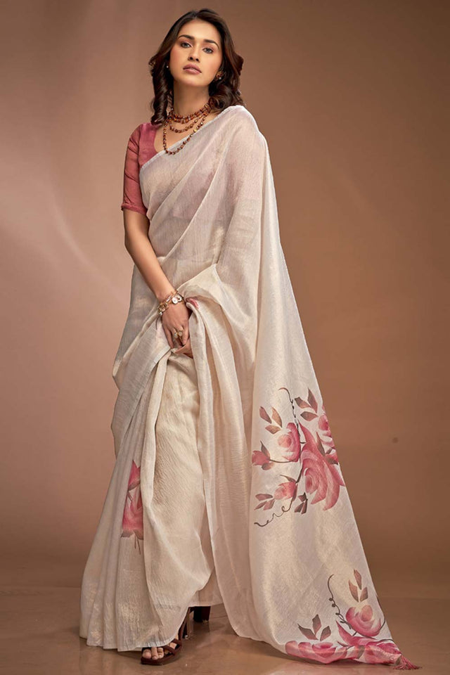 White Printed Silk Saree (royal queen-68)