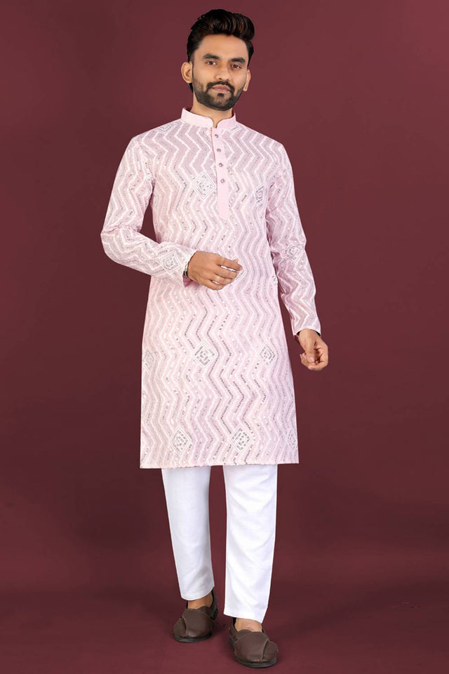 Mens Light Pink Embroidered Silk Kurta Pajama Set