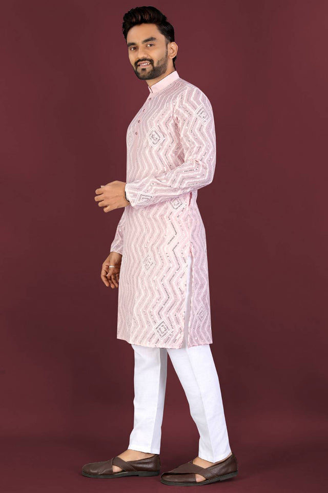 Mens Light Pink Embroidered Silk Kurta Pajama Set