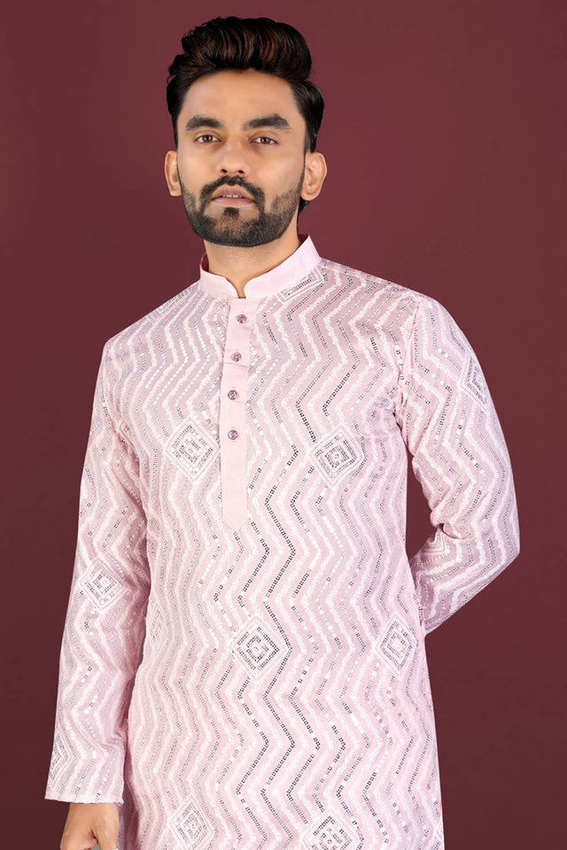 Mens Light Pink Embroidered Silk Kurta Pajama Set