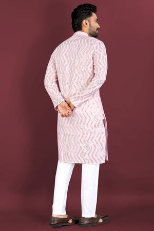 Mens Light Pink Embroidered Silk Kurta Pajama Set