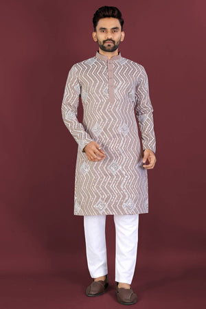 Mens Beige Embroidered Silk Kurta Pajama Set