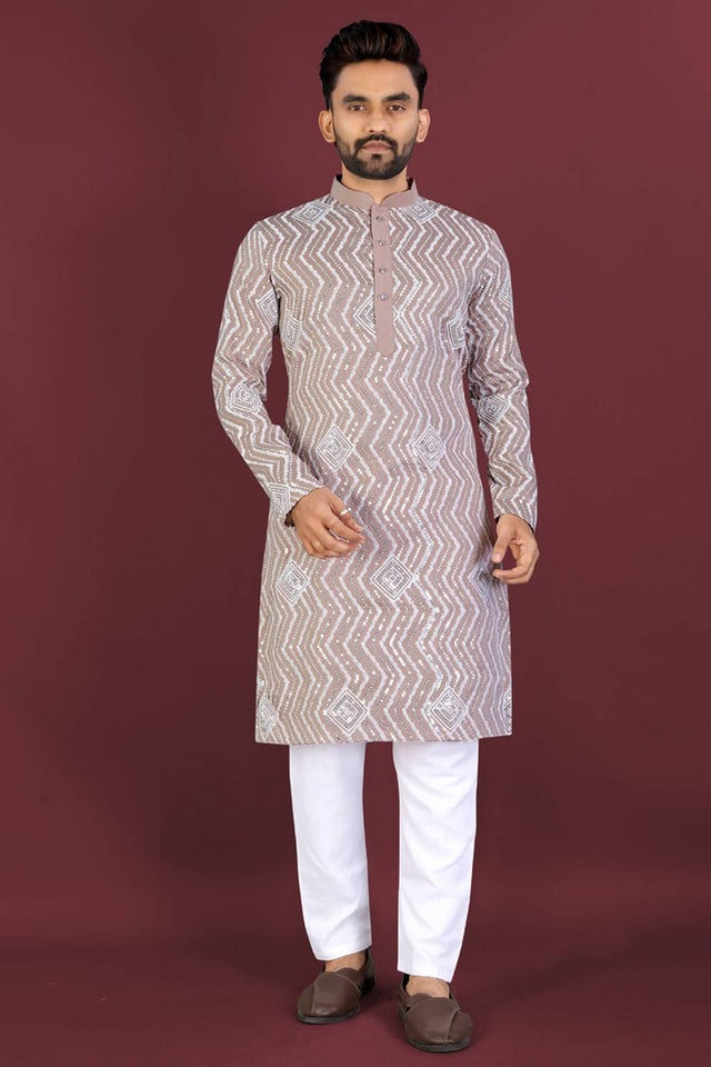 Mens Beige Embroidered Silk Kurta Pajama Set