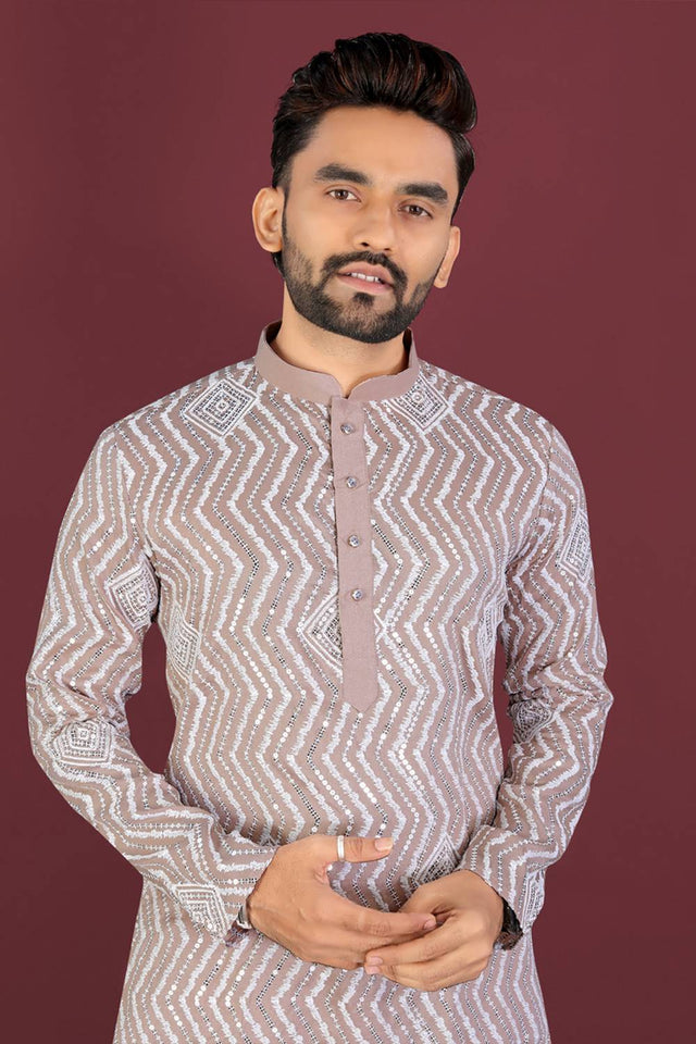 Mens Beige Embroidered Silk Kurta Pajama Set