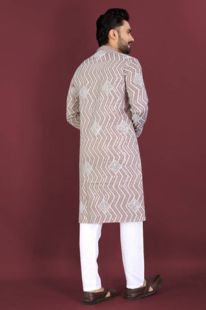Mens Beige Embroidered Silk Kurta Pajama Set