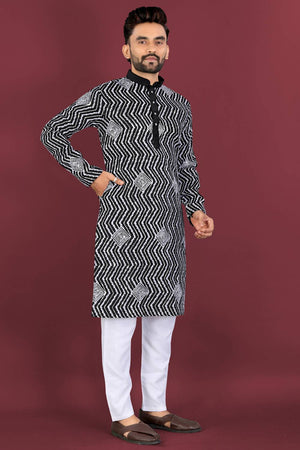 Mens Black Embroidered Silk Kurta Pajama Set