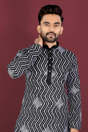 Mens Black Embroidered Silk Kurta Pajama Set