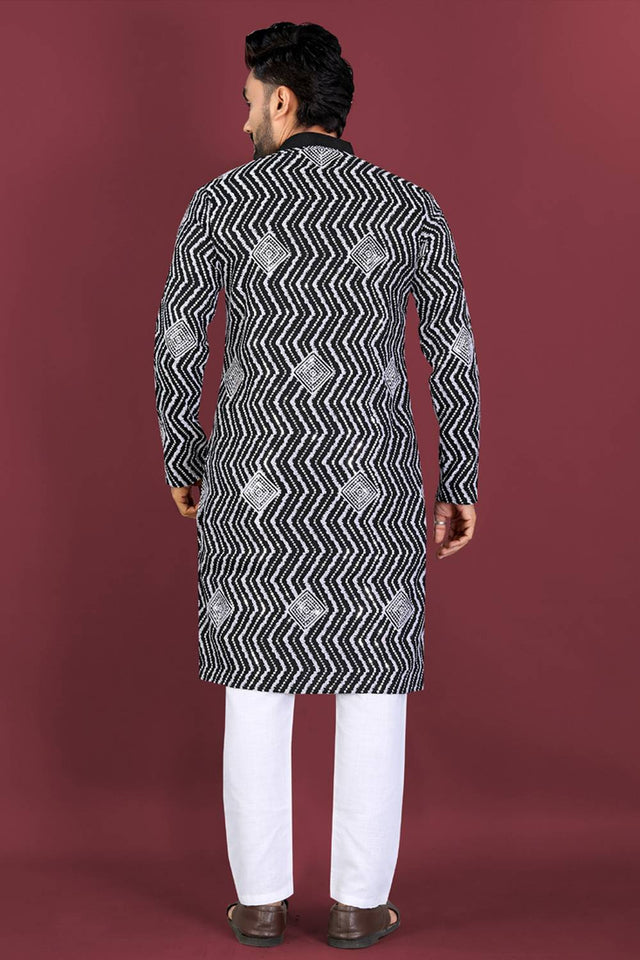 Mens Black Embroidered Silk Kurta Pajama Set