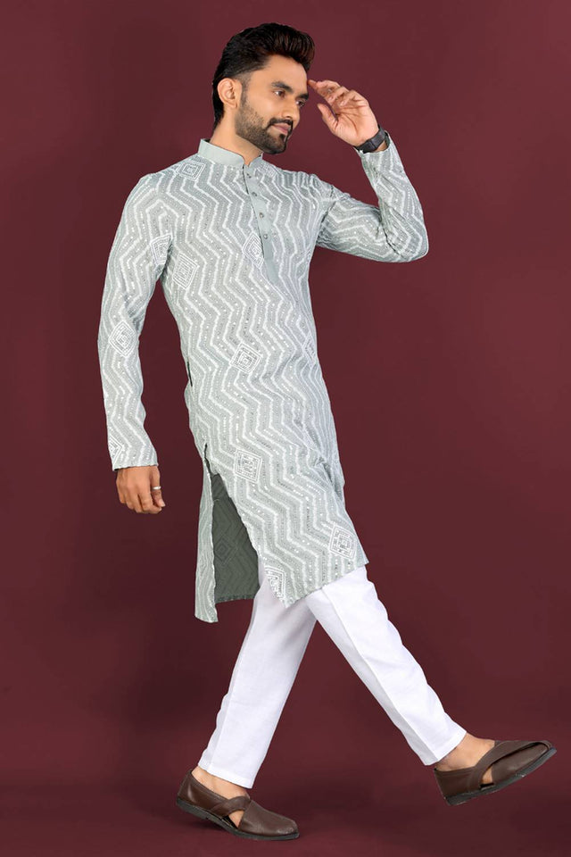 Mens Grey Embroidered Silk Kurta Pajama Set