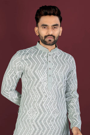 Mens Grey Embroidered Silk Kurta Pajama Set