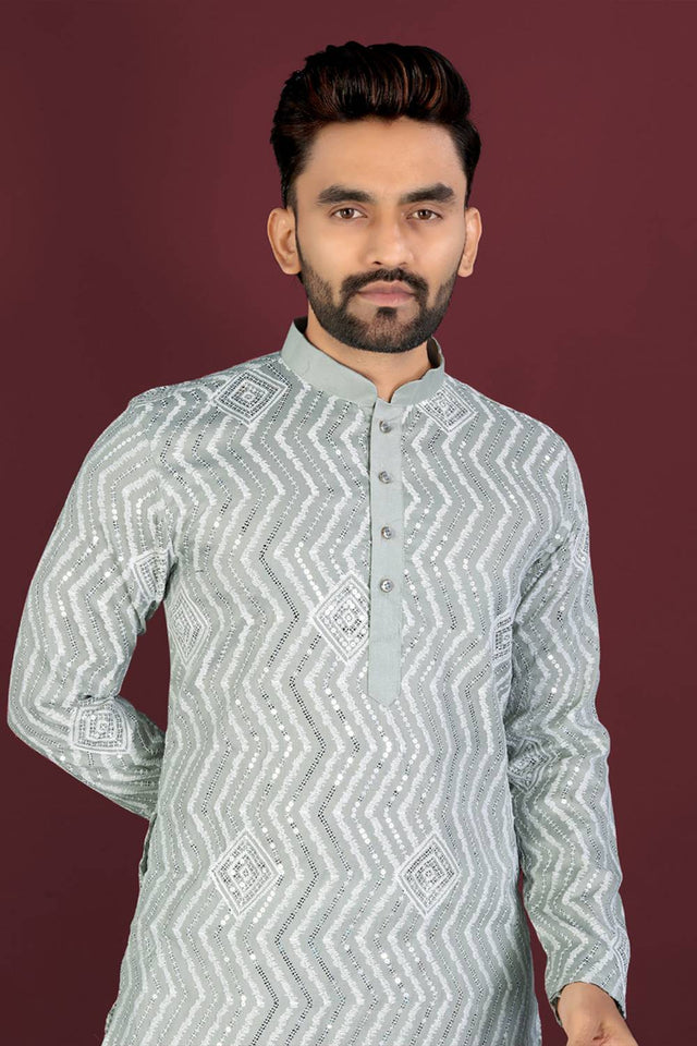 Mens Grey Embroidered Silk Kurta Pajama Set