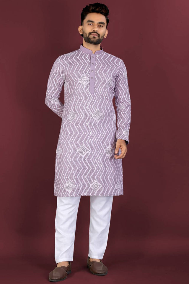 Mens Lavender Embroidered Silk Kurta Pajama Set