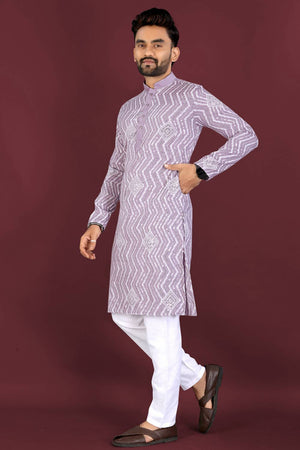 Mens Lavender Embroidered Silk Kurta Pajama Set