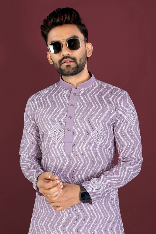 Mens Lavender Embroidered Silk Kurta Pajama Set