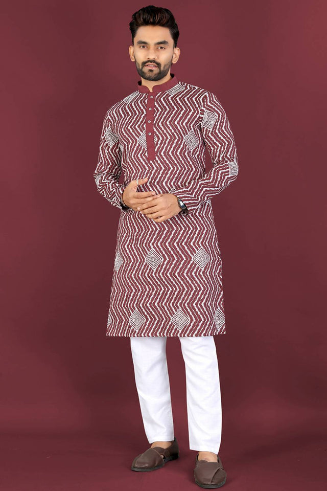 Mens Maroon Embroidered Silk Kurta Pajama Set