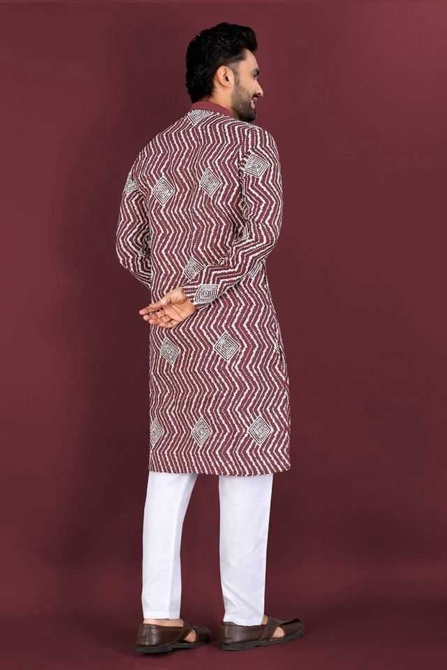 Mens Maroon Embroidered Silk Kurta Pajama Set